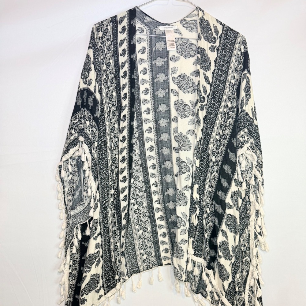 Maurices Womens Paisley Tassel Trim Kimono Wrap Black White One Size Boho